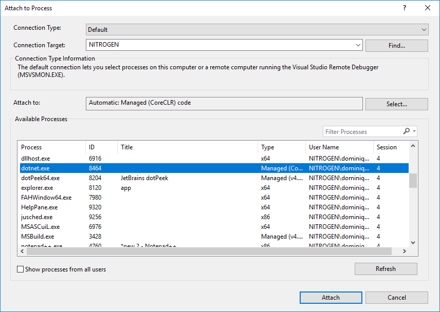 visual studio attach to process