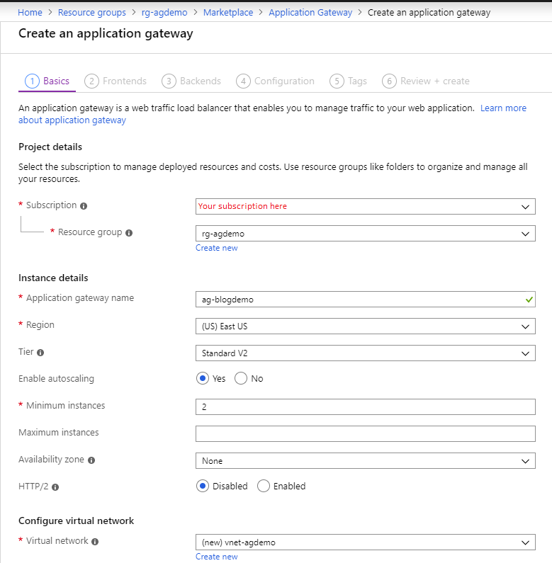 Azure Application Gateway creation step - basics