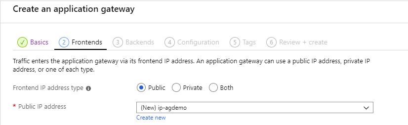 Azure Application Gateway creation step - Frontends