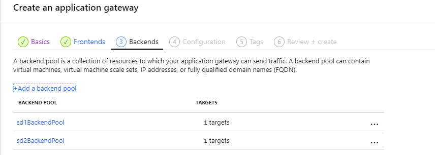 Azure Application Gateway creation step - backends summary