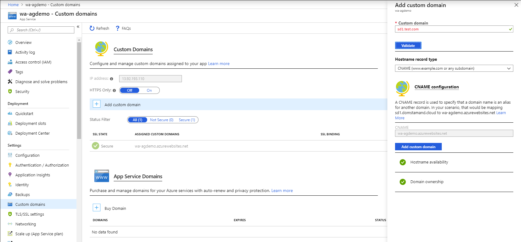 Azure App Service custom domain association