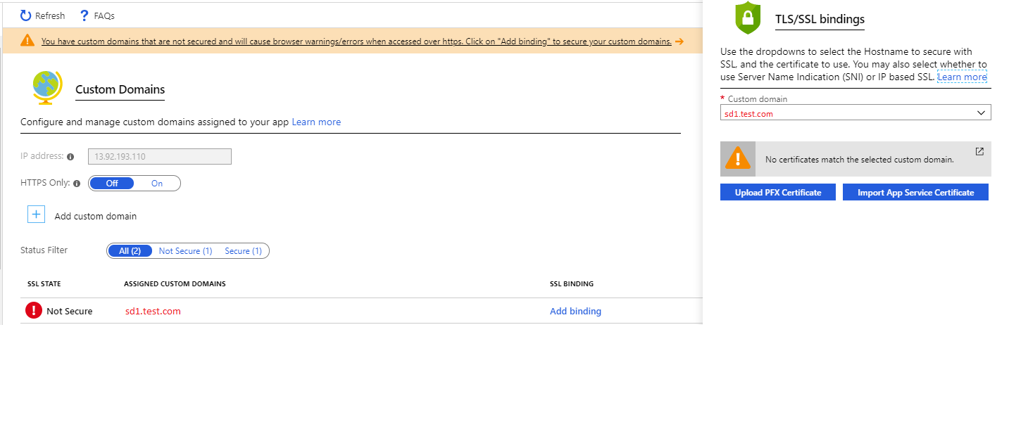Azure App Service custom domain ssl bindings
