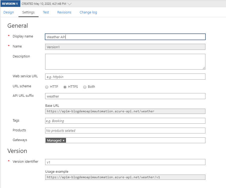 API Management settings