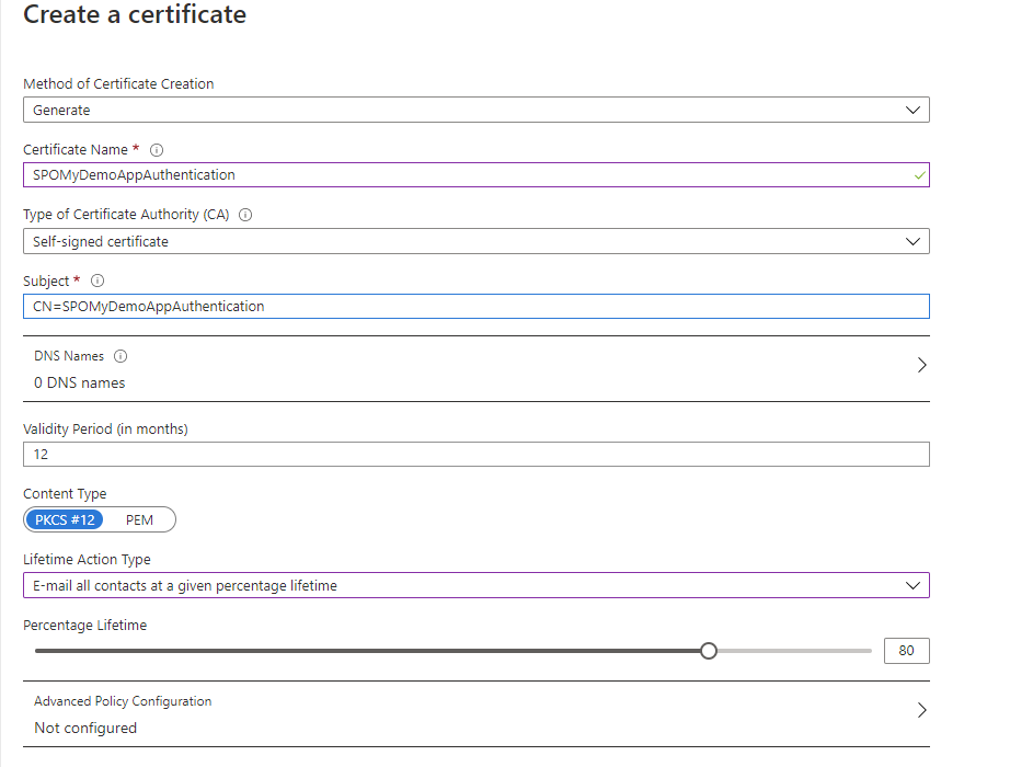 Keyvault create authentication certificate